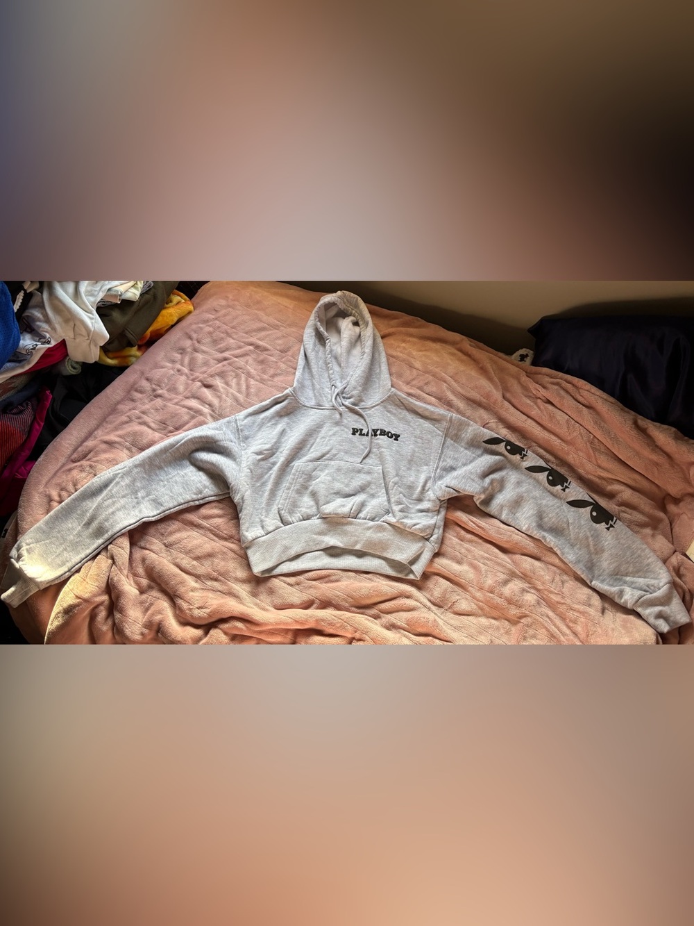 PLAYBOY Light Gray Cropped Hoodie Sweatshirt
